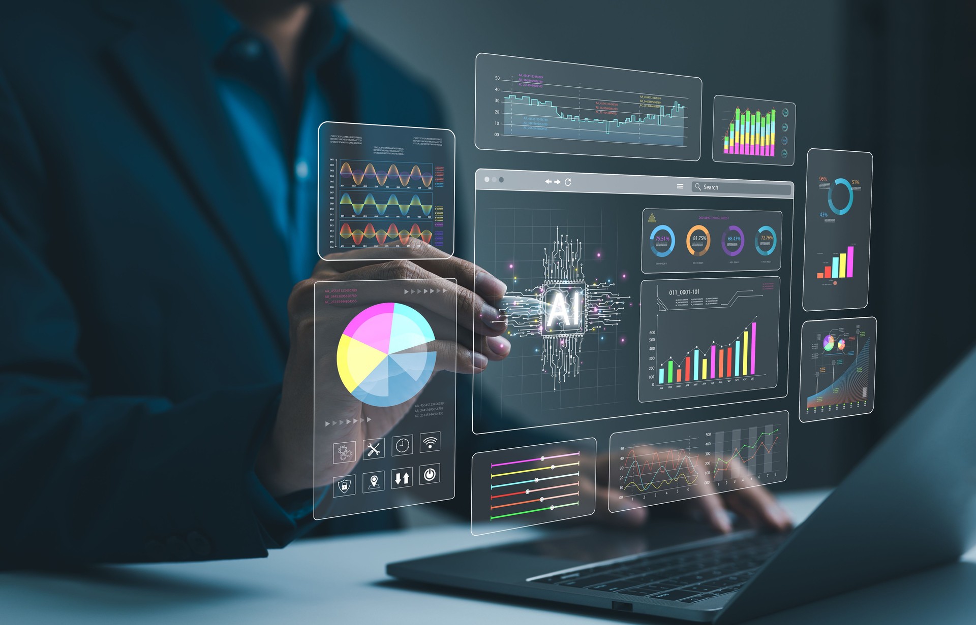 Businessman analysis enterprise data management by AI artificial intelligence technology. Business analytics dashboard charts, metrics, KPI to improve, insight report for operation. Analyst marketing,